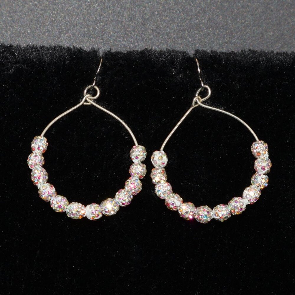 Small round aurora borealis rhinestone silver hoop earrings